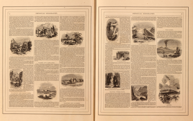 Offenes Buch mit mehreren Seiten, die Bilder von Landschaften wie Bergen, Flüssen und Wäldern sowie beschreibenden Text zeigen.