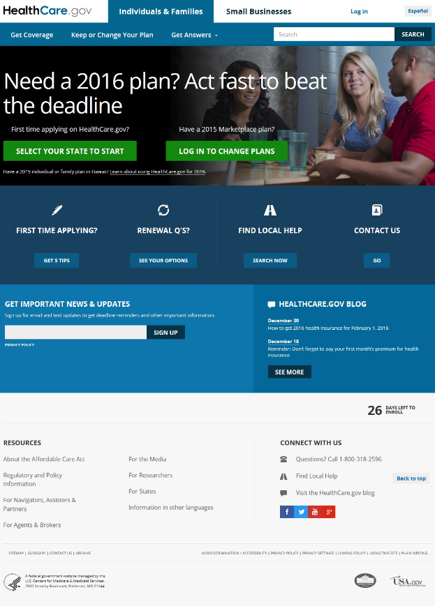 Health Care Gov-Webseite zeigt eine Gruppe von Menschen an einem Tisch mit Gläsern und anderen Gegenständen, mit dem Webseitentitel und Einführungstext.