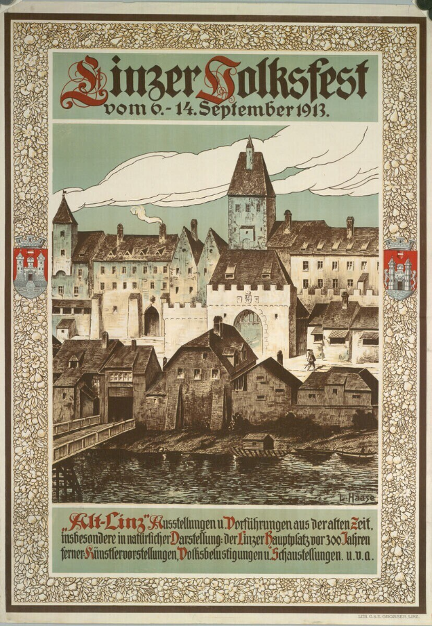 Alter deutscher Festivalplakat mit einer Burg- und H├Ąuser-Illustration, begleitet von Text.