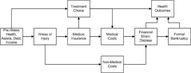 Flussdiagramm, das die Arten von medizinischen Kosten veranschaulicht, die mit Vorerkrankung, Gesundheit und Gesundheitsergebnissen verbunden sind, mit verbundenen, beschrifteten K├Âchen, die Schritte und Interaktionen zeigen.