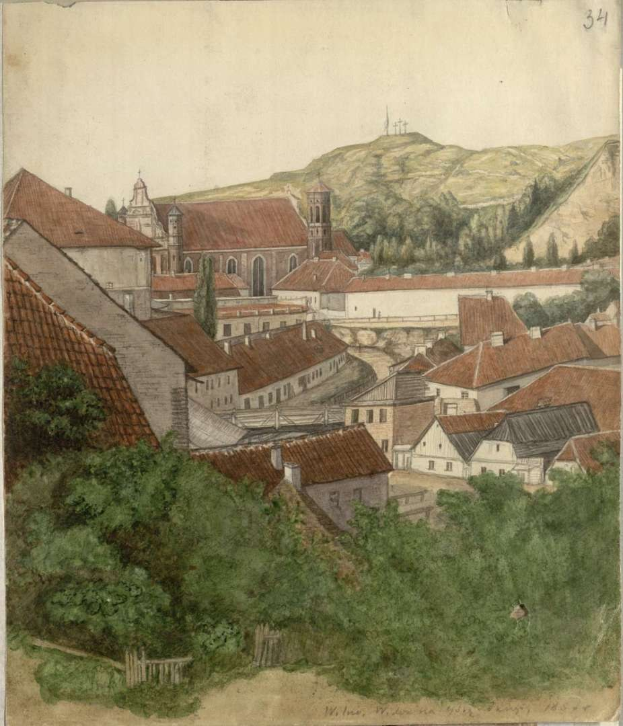Gemälde einer kleinen Stadt mit einer Kirche im Hintergrund, umgeben von Bäumen, Hügeln und einem klaren blauen Himmel, unten mit "Wiesbaden, Deutschland, 1824" beschriftet.