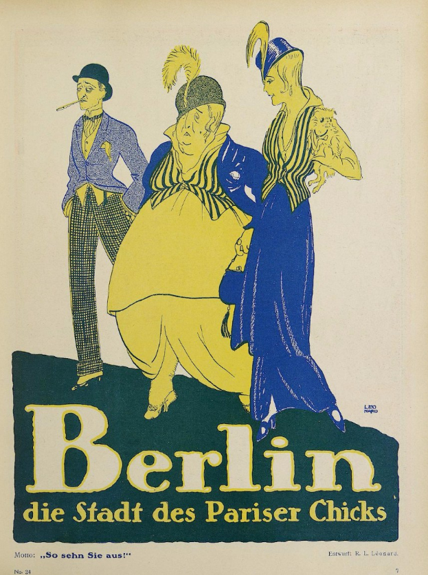 Ein Plakat, das ein Konzert in Berlin, Deutschland, ank├╝ndigt, mit einer Gruppe von Menschen in bunter Kleidung, die vor einem Geb├Ąude mit der Aufschrift "Berlin - Die Stadt des Pariser Chicks" stehen.