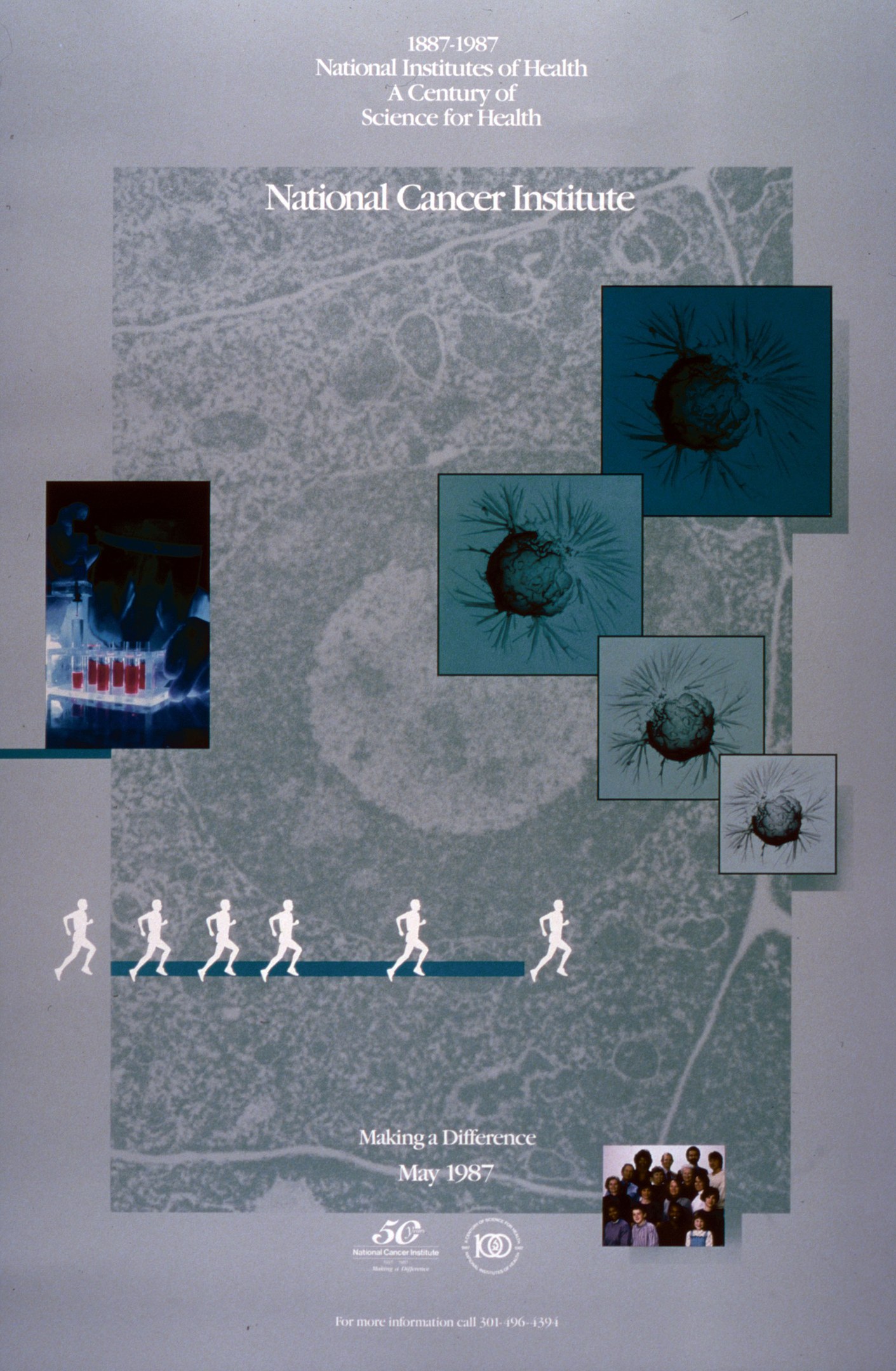 Buntes Plakat für das National Cancer Institute mit blauem Hintergrund und weißer Schrift, das einen Kreis aus überlappenden, strahlenden Menschen verschiedenen Alters, Geschlechts und Ethnien um den fetten, großgeschriebenen Titel zeigt.