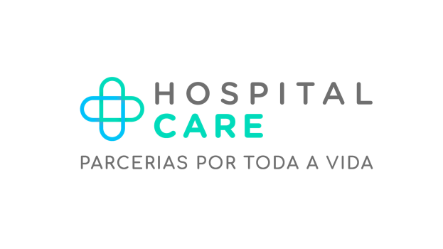 Ein weißer Hintergrund mit fetter, schwarzer Schrift in einer modernen, professionellen Schriftart, die "Hospital Care Parcerias Por Toda A Vida" liest, zentriert und von einem dünnen, schwarzen Rand umgeben.