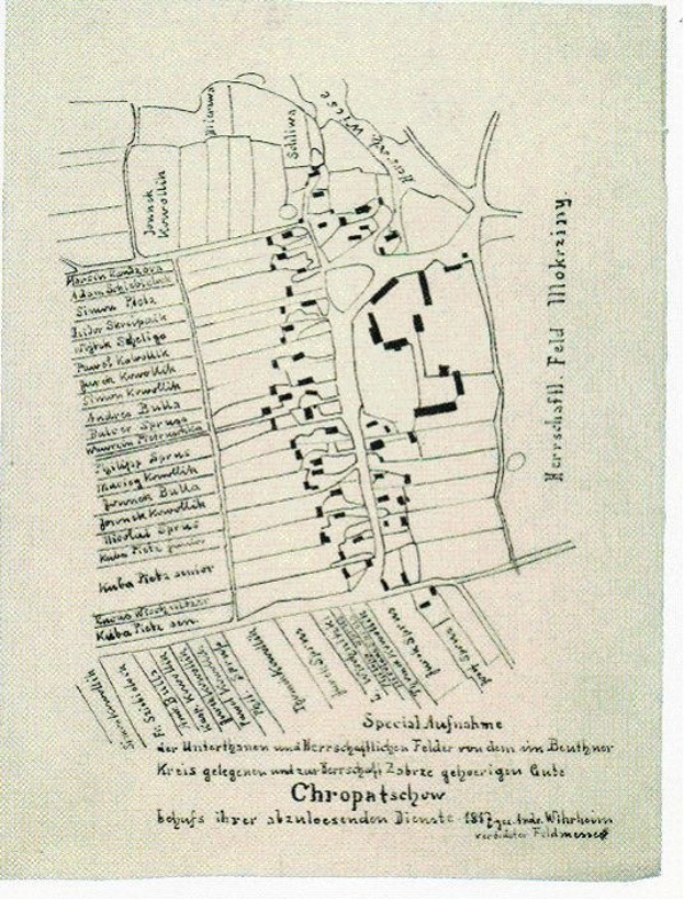 Detailiertes altes Stadtplan von Chropatschow, Deutschland, zeigt Straßen, Gebäude und Sehenswürdigkeiten mit begleitendem Text über Bevölkerung und bemerkenswerte Merkmale.