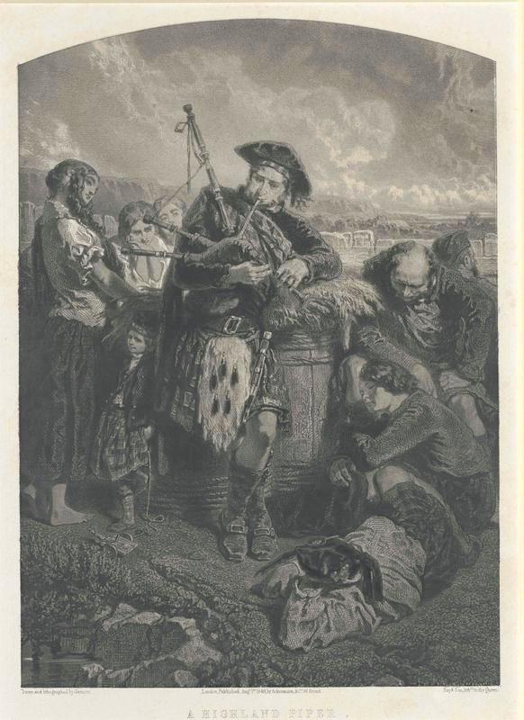 Schwarz-weißes Gravur eines Mannes, der eine Dudelsack vor einer Gruppe von Menschen unter einem bewölkten Himmel spielt, mit dem Text "Ein Highland Pipe" unten.