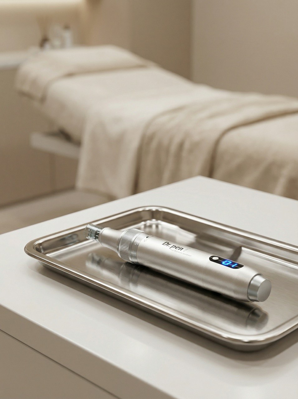Ein modernes Microneedling-Gerät auf einem sterilen Tablett in einem professionellen Kosmetikstudio.
