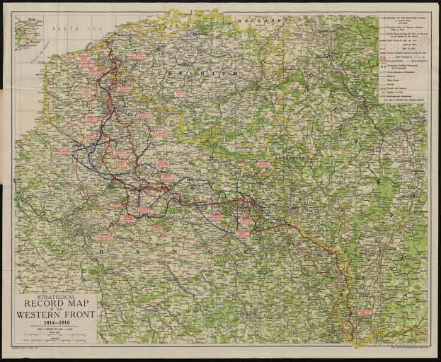 Detailierte Karte der deutschen Westfront von 1914-1918, die Stra├čen, St├Ądte und geografische Merkmale innerhalb eines schwarzen Rahmens zeigt.