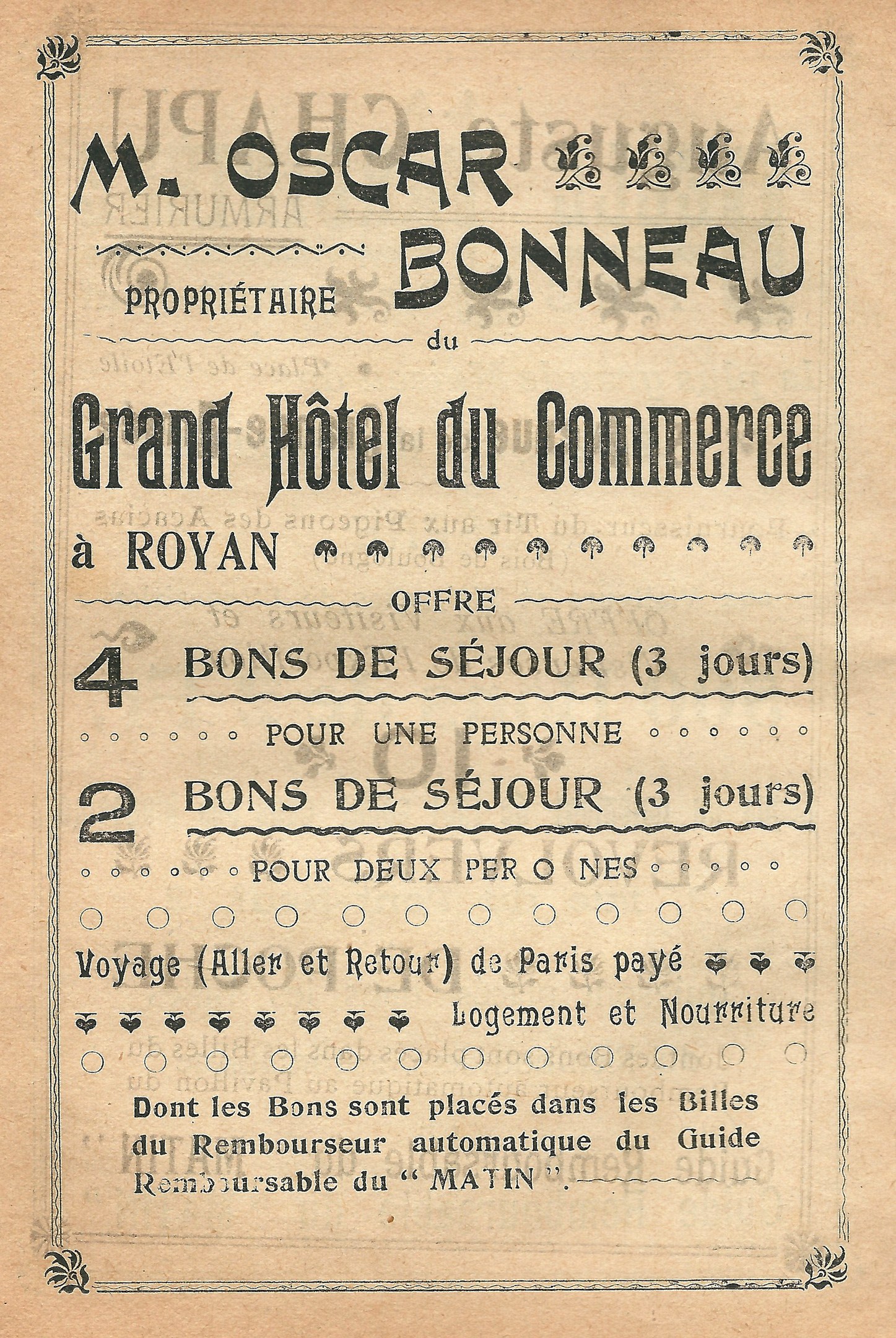 Anzeige für das Grand Hotel du Commerce in Paris, Frankreich, auf altem Papier mit Text, der die Hotelservices bewirbt.