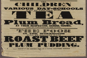 Ein Blatt mit der Aufschrift "Die Kinder der verschiedenen Tagesschulen werden mit Tee, Pflaumenbrot und Roastbeef und Pflaumenpudding versorgt."