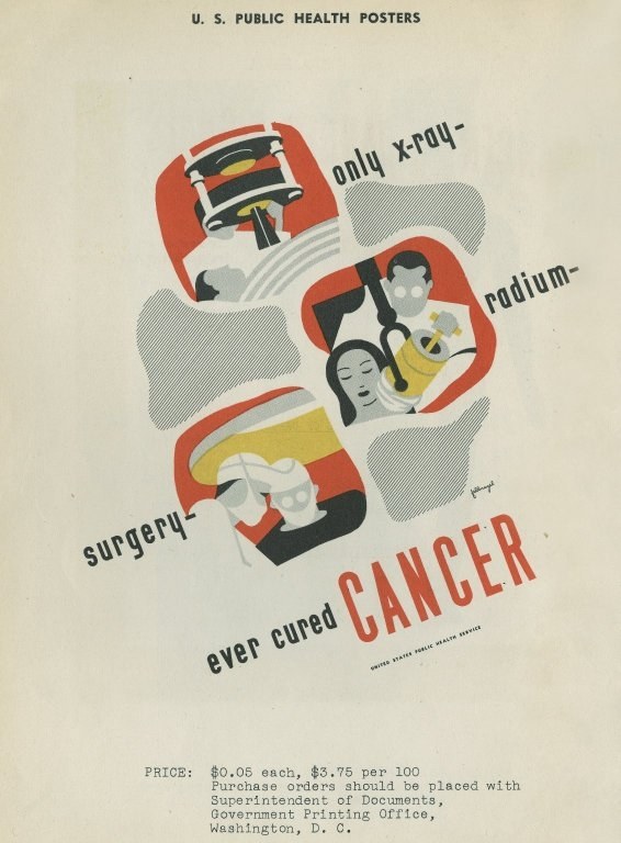 Plakat mit einem Mann in einem weißen Laborkittel und Stethoskop, der entschlossen aussieht, vor einem hellrosa Hintergrund mit fetter weißer Schrift, die 'Operation Hat Ever Cured Cancer' lautet.