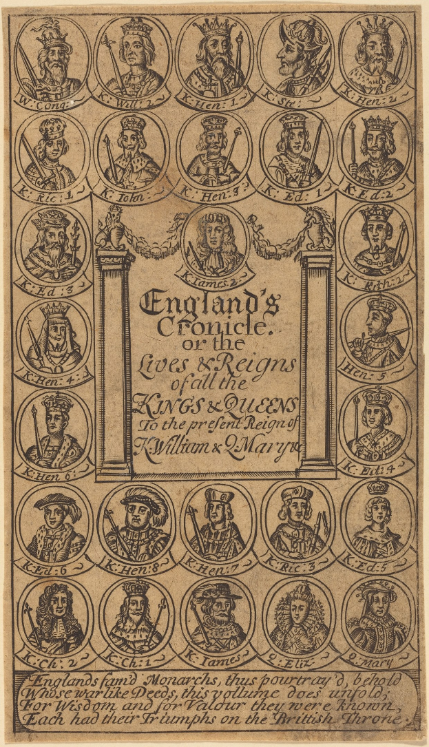 Plakat mit der Aufschrift 'Englands Chronik der Leben und Regentschaften des Königs und der Königin von England' mit königlich gekleideten Figuren auf einem tiefblauen Hintergrund.