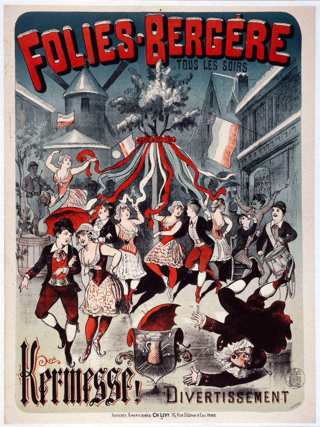Ein Plakat für das Folies-Bergère-Festival in Paris, das eine Gruppe tanzender Menschen im Vordergrund zeigt, mit Gebäuden, Fahnen und einem Baum im Hintergrund sowie französischem Text oben und unten.