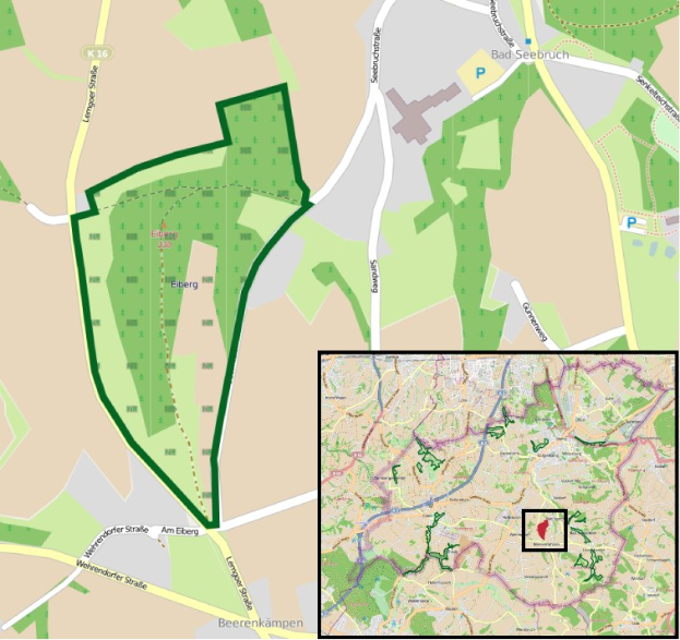 Stadtplan, der einen zentralen grünen Bereich markiert, der als geplanter Bauplatz hervorgehoben ist, mit umliegenden Straßen, Gebäuden und Sehenswürdigkeiten.