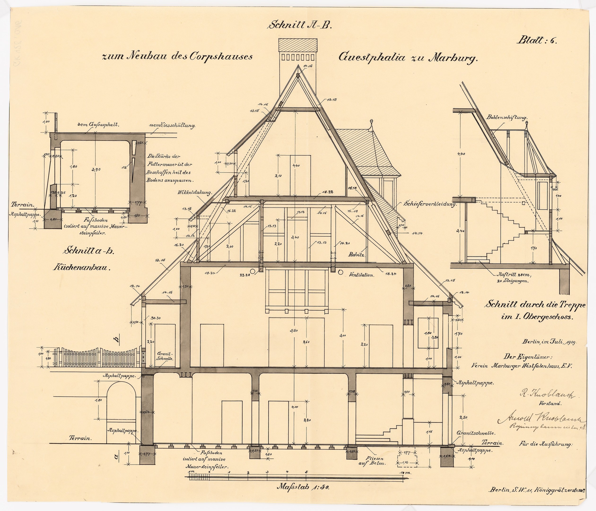 Schwarz-weißes Architekturzeichnung eines Hauses mit zahlreichen Fenstern und einem Dachfirst, beschriftet als Deutschlands erstes Haus, begleitet von detaillierten Bauplänen und Text.