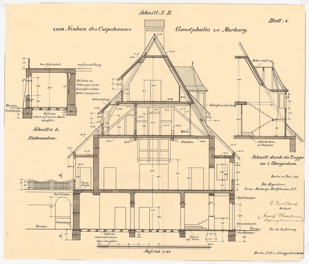 Schwarz-weißes Architekturzeichnung eines Hauses mit zahlreichen Fenstern und einem Dachfirst, beschriftet als Deutschlands erstes Haus, begleitet von detaillierten Bauplänen und Text.