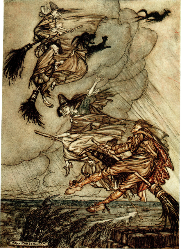 Gemälde von Arthur Rackham namens 'Die Hexen', das drei Hexen zeigt, die auf einem Besenstiel fliegen.