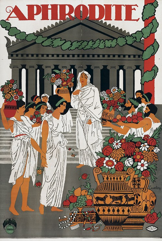 Plakat für das Aphrodite-Festival in Athen, Griechenland, das eine Gruppe von Menschen vor einem Gebäude mit einem Blumenstrauß im Vordergrund und Text zeigt, der das Ereignis beschreibt.