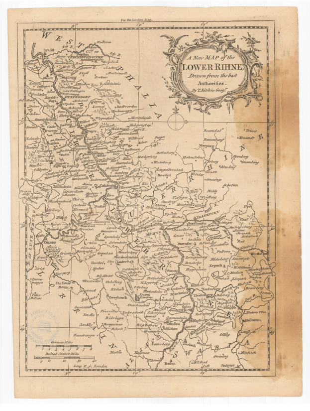 Ein detailliertes altes Kartenbild des Niederrheins, das Flüsse, Berge und Städte mit Text in einer klassischen Schriftart zeigt.