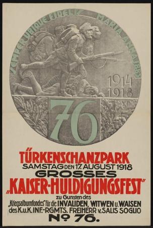 Plakat zum 70-jährigen Jubiläum des Kaiser-Huldigungsfestes in Berlin, Deutschland, mit einer Gruppe von Menschen in der Mitte, eingerahmt von klassischem Text und Zahlen.