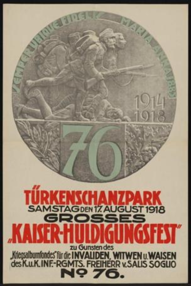 Plakat zum 70-jährigen Jubiläum des Kaiser-Huldigungsfestes in Berlin, Deutschland, mit einer Gruppe von Menschen in der Mitte, eingerahmt von klassischem Text und Zahlen.