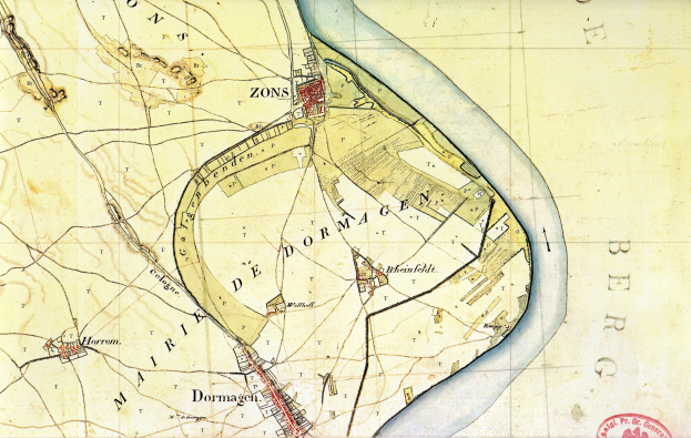 Alte detaillierte Karte von Dormagen, Deutschland, mit sichtbarem Text und einem Stempel, die Straßen, Gebäude und Sehenswürdigkeiten zeigt.