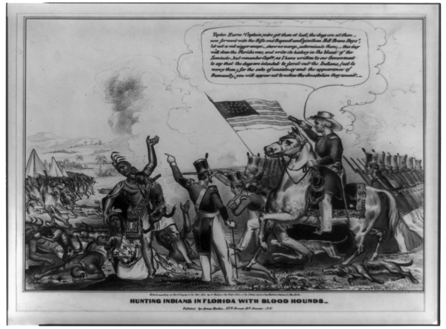 Schwarzes und weißes Foto einer Gruppe von Menschen, einige zu Pferde, mit einer Flagge im Hintergrund und dem Text "Jagen von Indianern in Florida mit Bluthunden" unten.