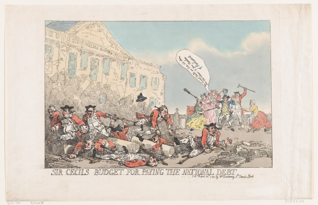 Cartoon-Illustration von Menschen vor einem Gebäude unter einem bewölkten Himmel, mit Text unten: "Sir Cecils Budget für die Zahlung der Nationalverschuldung."