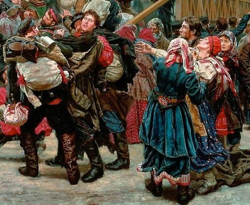 Gemälde, das eine lebhafte Tanzeinlage mit Menschen in traditioneller russischer Kleidung zeigt, einige halten Gegenstände, vor einem Publikum und einem hölzernen Haus, das eine festliche Atmosphäre während der russischen Revolution vermittelt.