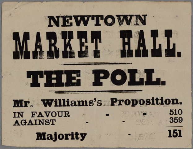 Papier mit handgeschriebener Textzeile "Newtown Market Hall, die Wahl, Mr. Williams' Vorschlag für die Mehrheit gegen"