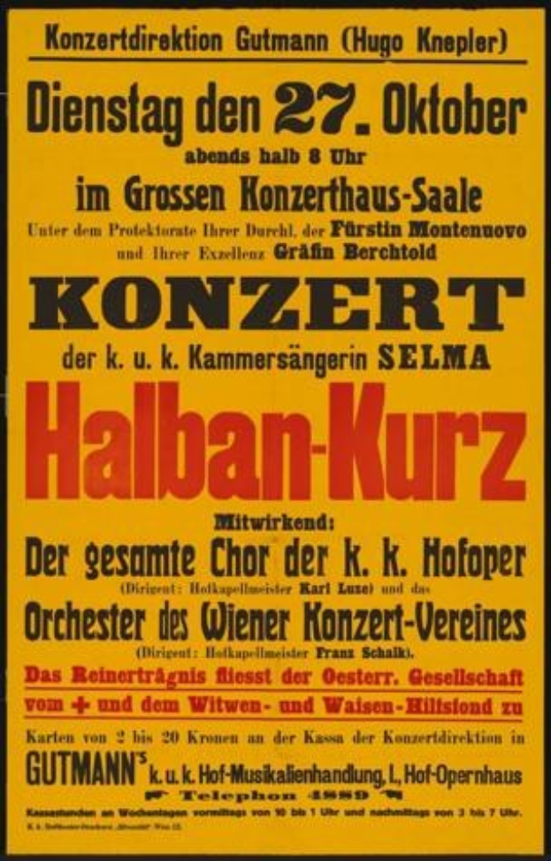 Ein gelbes Plakat, das ein Konzert mit dem Titel "Konzert Halban-Kurz" in Berlin, Deutschland ankündigt.