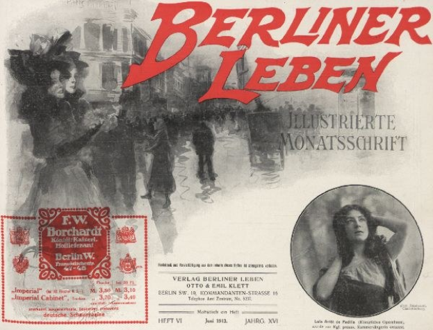 Eine alte deutsche Zeitungsanzeige für Berliner Leben, die eine Frau in einem schwarzen Kleid zeigt, Text, einen Stempel, einige Menschen und ein Gebäude im Hintergrund.