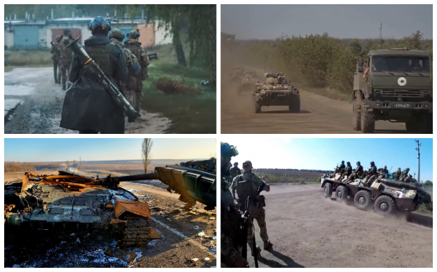 Vier Bilder zeigen ukrainische Soldaten im Einsatz: eine Gruppe in Helmen mit Gewehren in der Nähe von Fahrzeugen und Gebäuden, ein Panzer auf der Straße, Soldaten in Fahrzeugen und ein zerstörtes Fahrzeug.