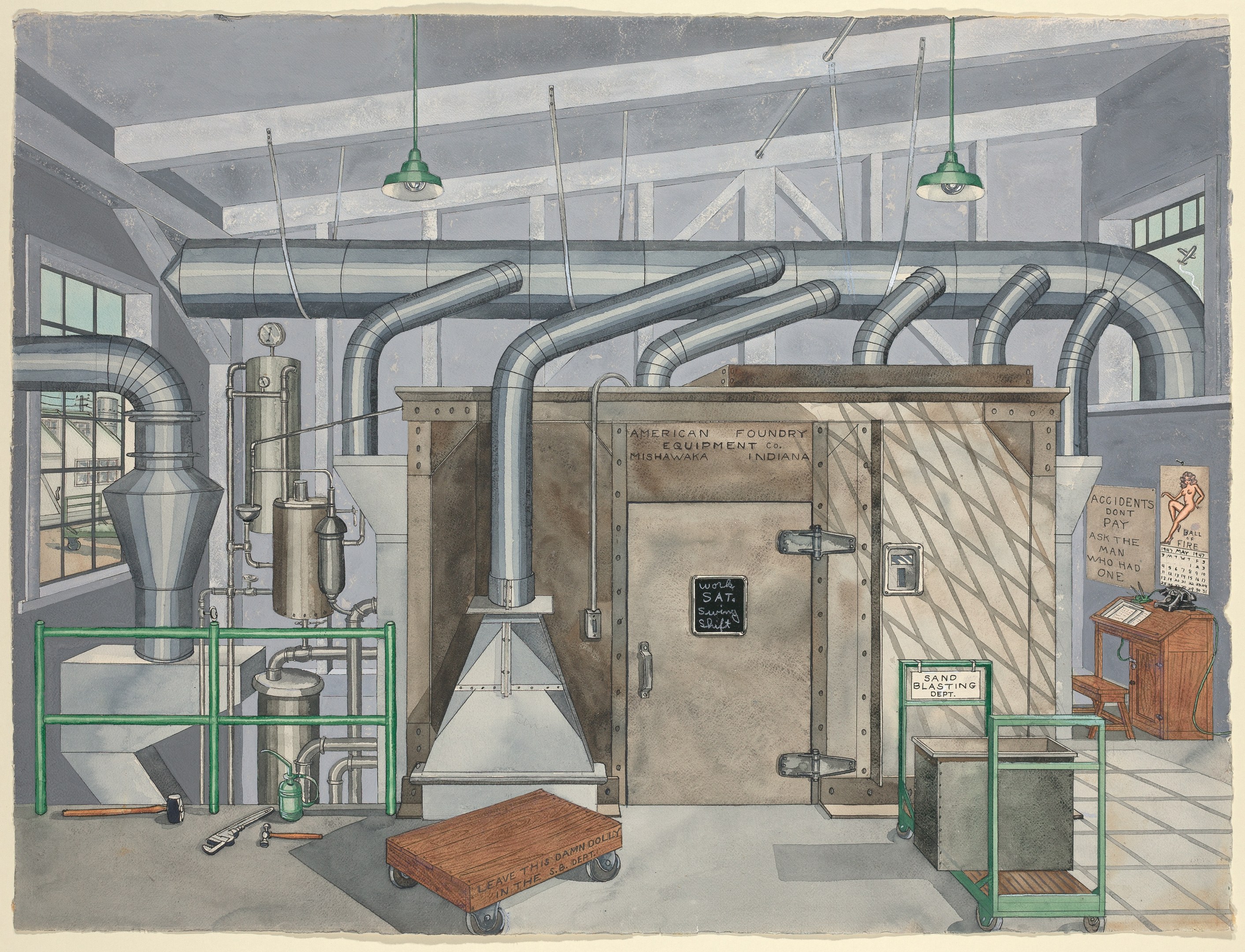 Ein detailliertes Innenansicht-Diagramm einer Fabrik mit einer zentralen großen Maschine, umgeben von diverser Ausrüstung, Möbeln und strukturellen Elementen, mit einer Tafel, auf der "American Foundry Equipment Co, Indiana" steht.