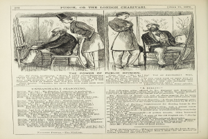 Ein altes Buchcover mit einem Mann in einem Anzug, der in einem Stuhl sitzt und ernst schaut, und einer Frau, die neben ihm steht und nachdenklich aussieht, mit der Überschrift "Die Macht der öffentlichen Meinung" sichtbar.