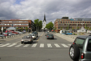 Stadtstraße mit parkenden Autos, Gebäuden, Bäumen, Laternen und einem bewölkten Himmel, mit einem sichtbaren Kennzeichen.