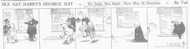 Cartoon-Illustration eines Mannes in einem schwarzen Anzug und einer Frau in einem eleganten Kleid mit einem schwarzen Schal, beide mit ernsten Gesichtern, beschriftet mit "Scheidungsklage".