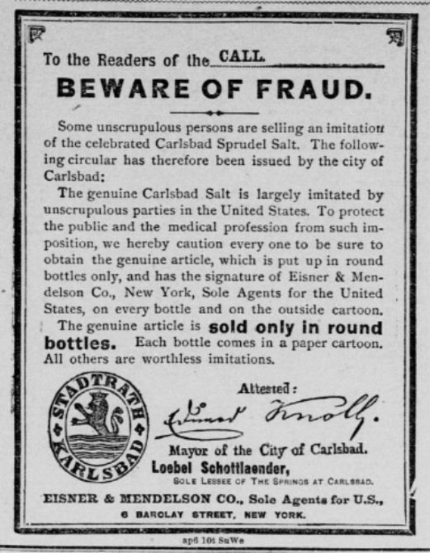 Ein schwarz-weißes Plakat mit einer Betrugswarnung, das den Text 'Carlsbad Spruud Salt' und ein Firmenlogo enthält.