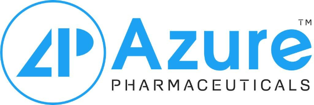 Logo der Azure Pharmaceuticals: fettes schwarzes Unternehmensnamen in einem blauen Kreis mit weißer Umrandung auf weißem Hintergrund.