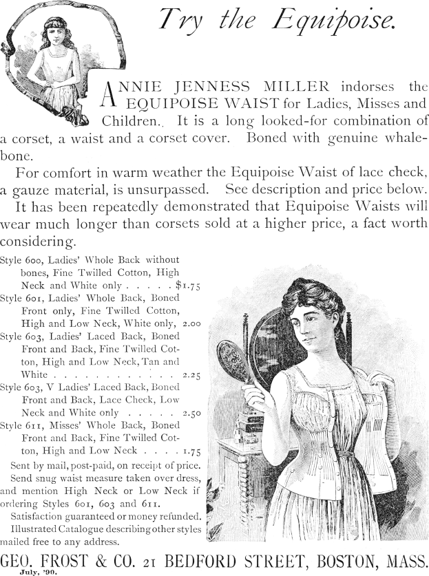 Werbung für den Equipment Waist von Annie Jenness Miller für Damen, zeigt eine Frau, die einen Spiegel hält, mit beschreibendem Text auf dem Papier.