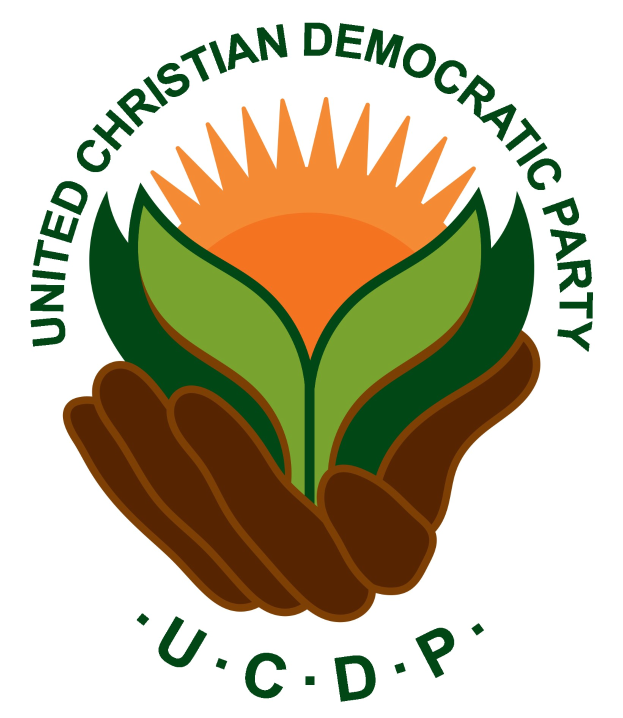 Logo der Vereinigte Christlich-Demokratische Partei (UCDP): eine Hand, die eine leuchtend gelbe Blume mit grünem Stiel und Blättern hält, in einem blauen und gelben Kreis auf einem weißen Hintergrund zentriert, mit "UCDP" in fetter schwarzer Schrift darunter.