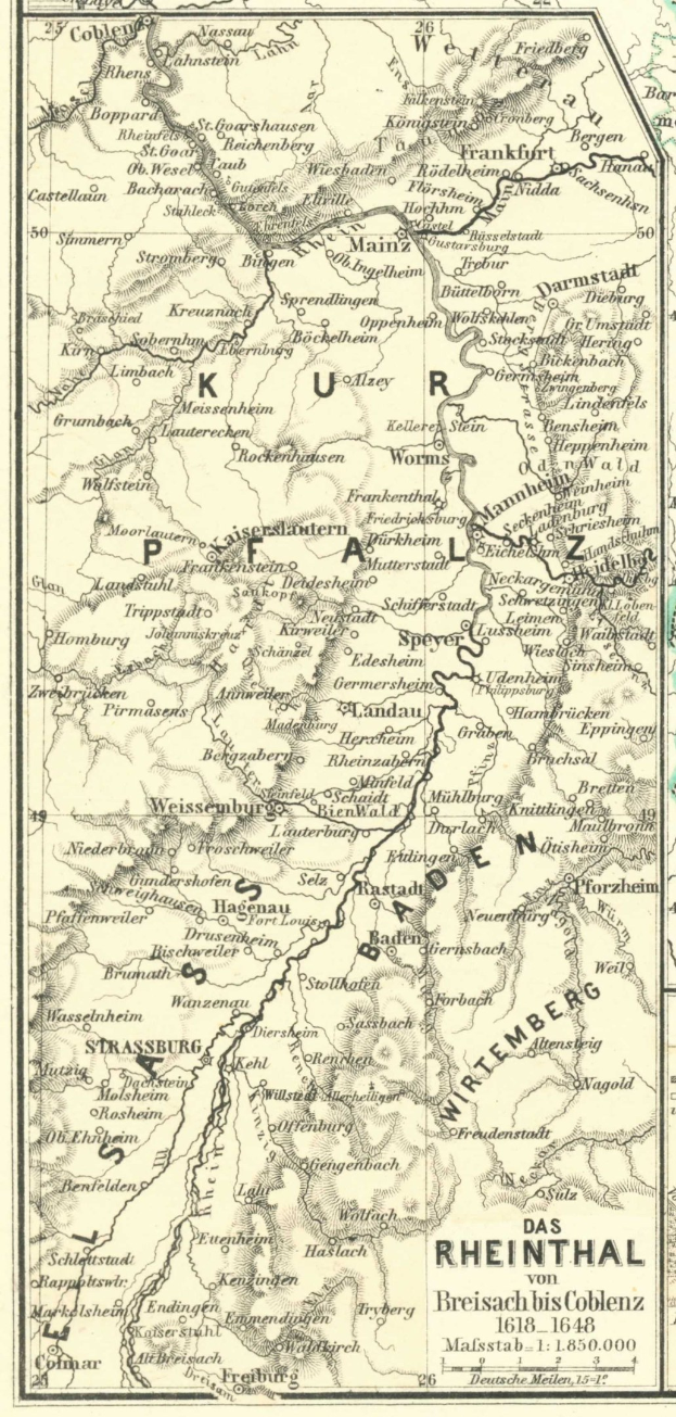 Alte Karte des Rheins in Deutschland, die Flüsse, Städte und Gewässer zeigt, mit Text oben und unten.