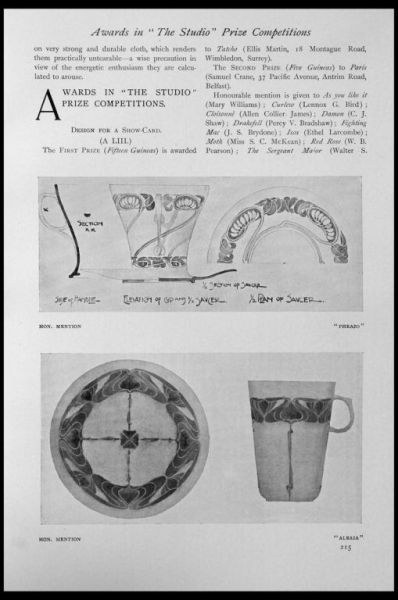 Schwarz-weiß-Zeichnung einer Tasse und eines Untersetzers mit einem Design, umrahmt von einem schwarzen Rand, neben dem Text "Awards in the Studio Prize Competitions".