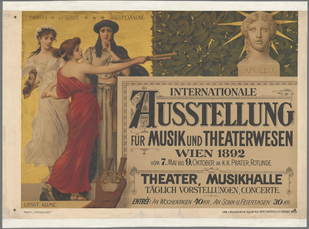 Plakat für die Internationale Ausstellung für Musik und Theaterwesen in Wien, Österreich, das eine Gruppe von Menschen in einem Kreis mit einer Frau, die ein Musikinstrument hält, in der Mitte zeigt und Text, der die Veranstaltungsdetails angibt.