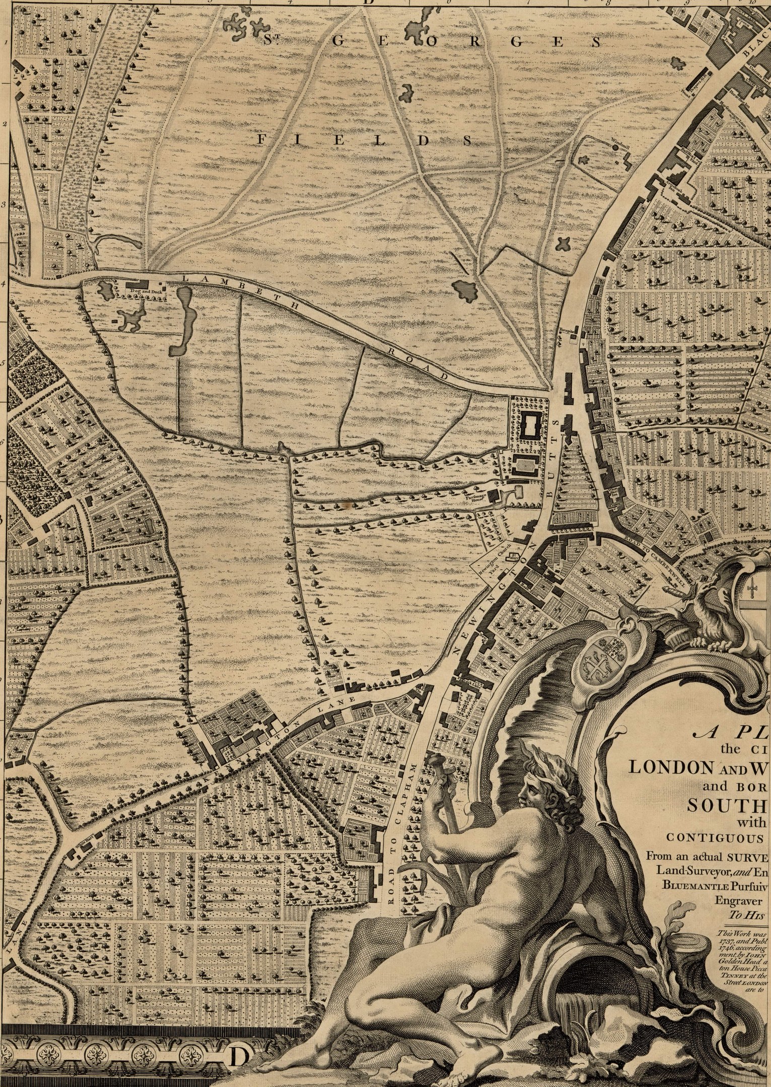 Ein detailliertes London-Kartenposter mit einer zentralen Skulptur einer Person.