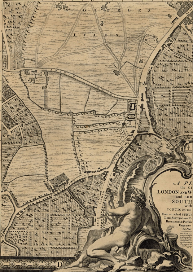 Ein detailliertes London-Kartenposter mit einer zentralen Skulptur einer Person.