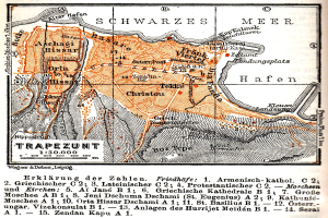 Ein detailliertes altes Stadtplan von Trapezunt, Deutschland, der Straßen, Gebäude und Sehenswürdigkeiten zeigt, mit begleitendem Text, der die Bevölkerung, Straßen und Sehenswürdigkeiten der Stadt beschreibt.