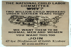 Plakat mit der Überschrift "Der Nationale Ausschuss für Kinderarbeit: Warum? Zweieinhalb Millionen Kinderarbeiter unter sechzehn Jahren heute" mit einer USA-Karte und Abbildungen von Ausschussmitgliedern.