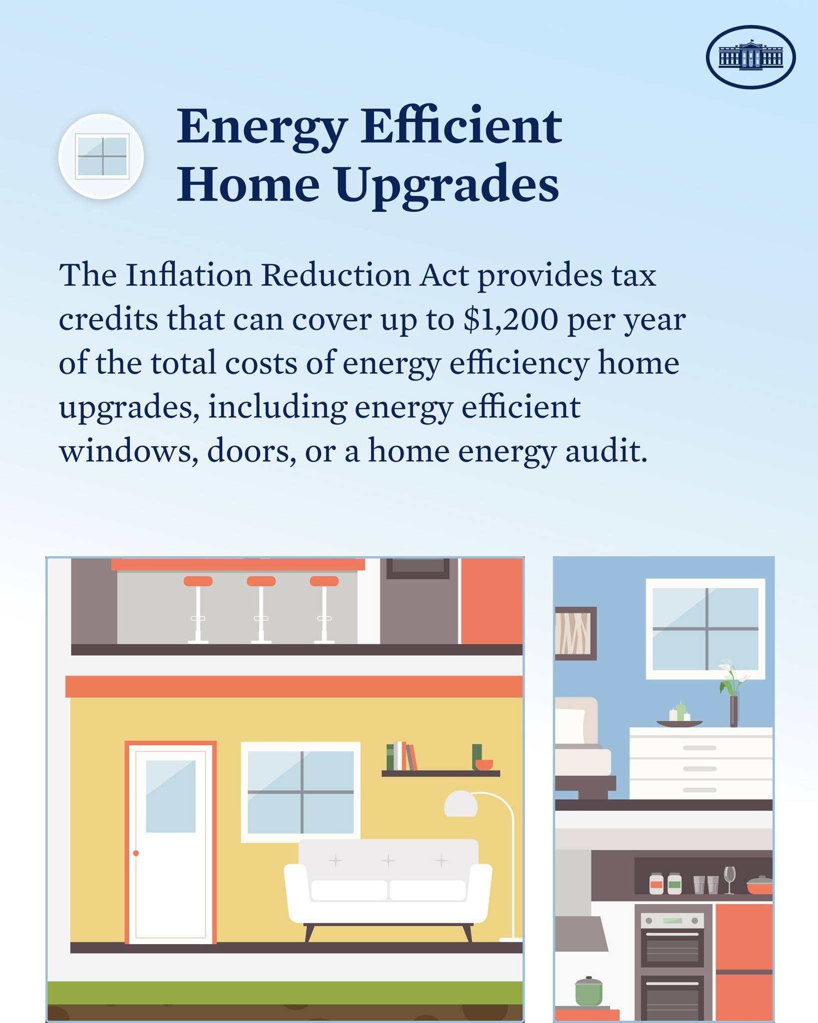 Plakat mit dem Titel "Energieeffiziente Hausumbauten" mit einer Auflistung von Steuervergünstigungen für Hausumbauten wie Fenster, Türen oder Energieaudits, mit Bildern von Haushaltsgegenständen einschließlich eines Hauses, einer Couch, einer Lampe, eines Schranks und einer Blume.