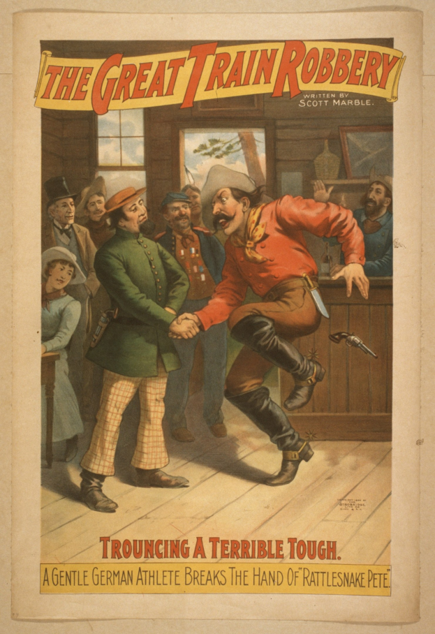 Plakat zeigt eine Gruppe von Menschen auf einem Boden mit einem, der eine Waffe hält, ein Fenster und eine Wand im Hintergrund und Text, der oben und unten "Der große Zugraub - Trouching ein Schreckliches Tough" lautet.